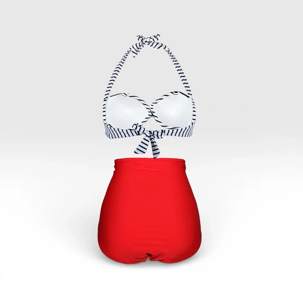Elegant Black and White Striped Bikini with Red High-Waisted Bottoms - Picture 3 of 6